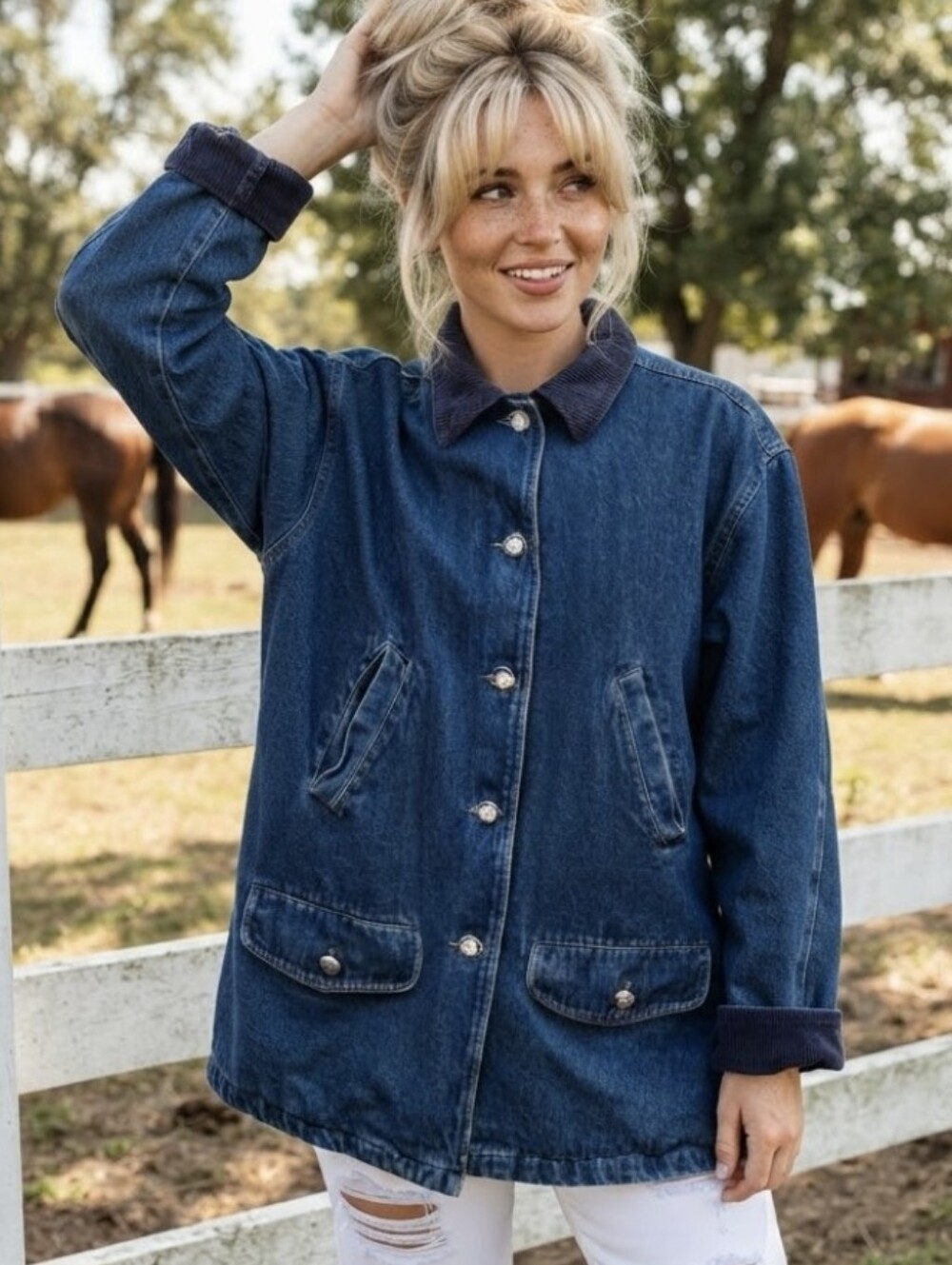 Heavy Barn Chore Jean Jacket 100% Cotton Large Daisy Buttons Oversized Cherokee